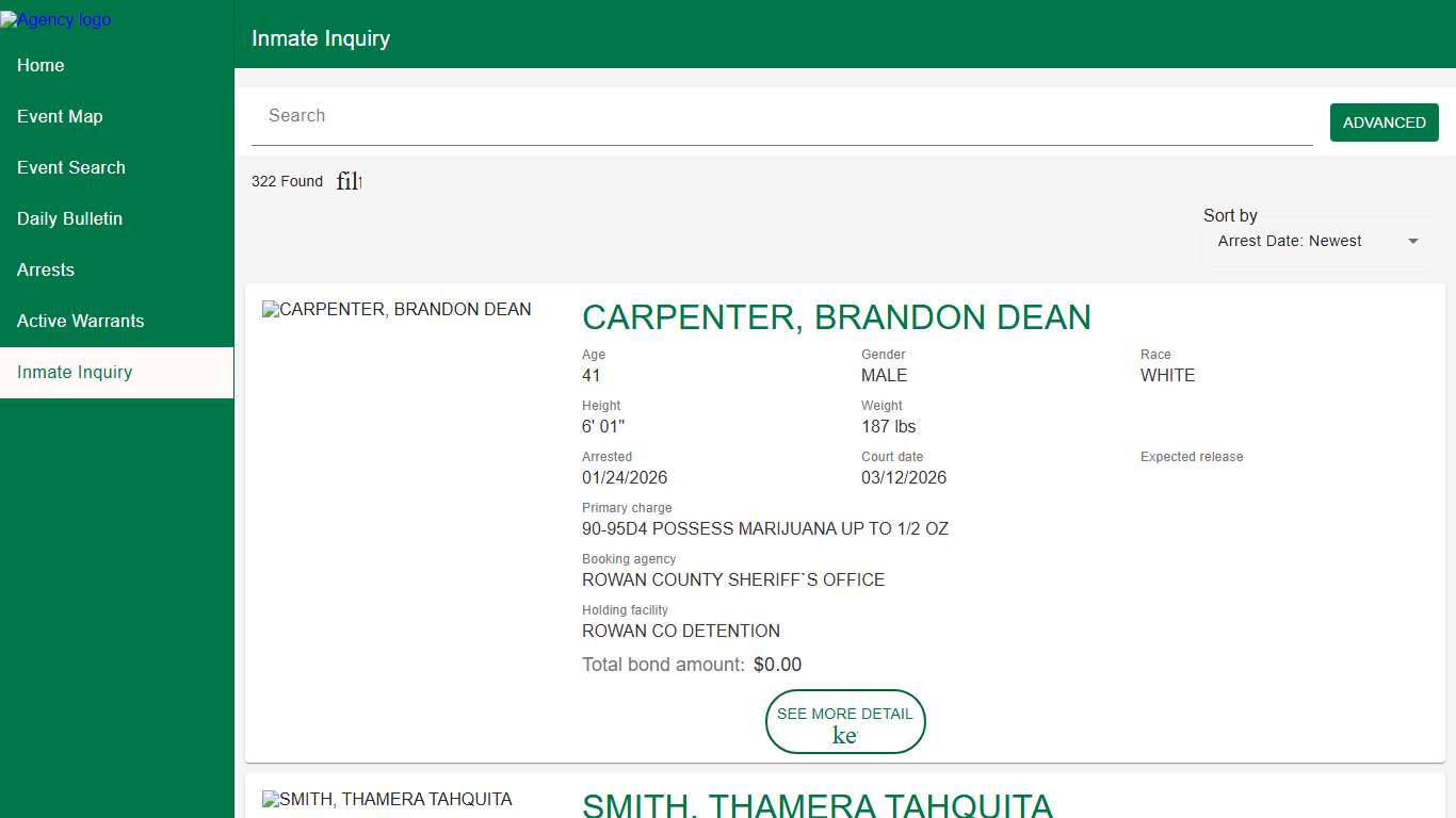 Rowan County Sheriff's Office Police to Citizen - Inmates catalog